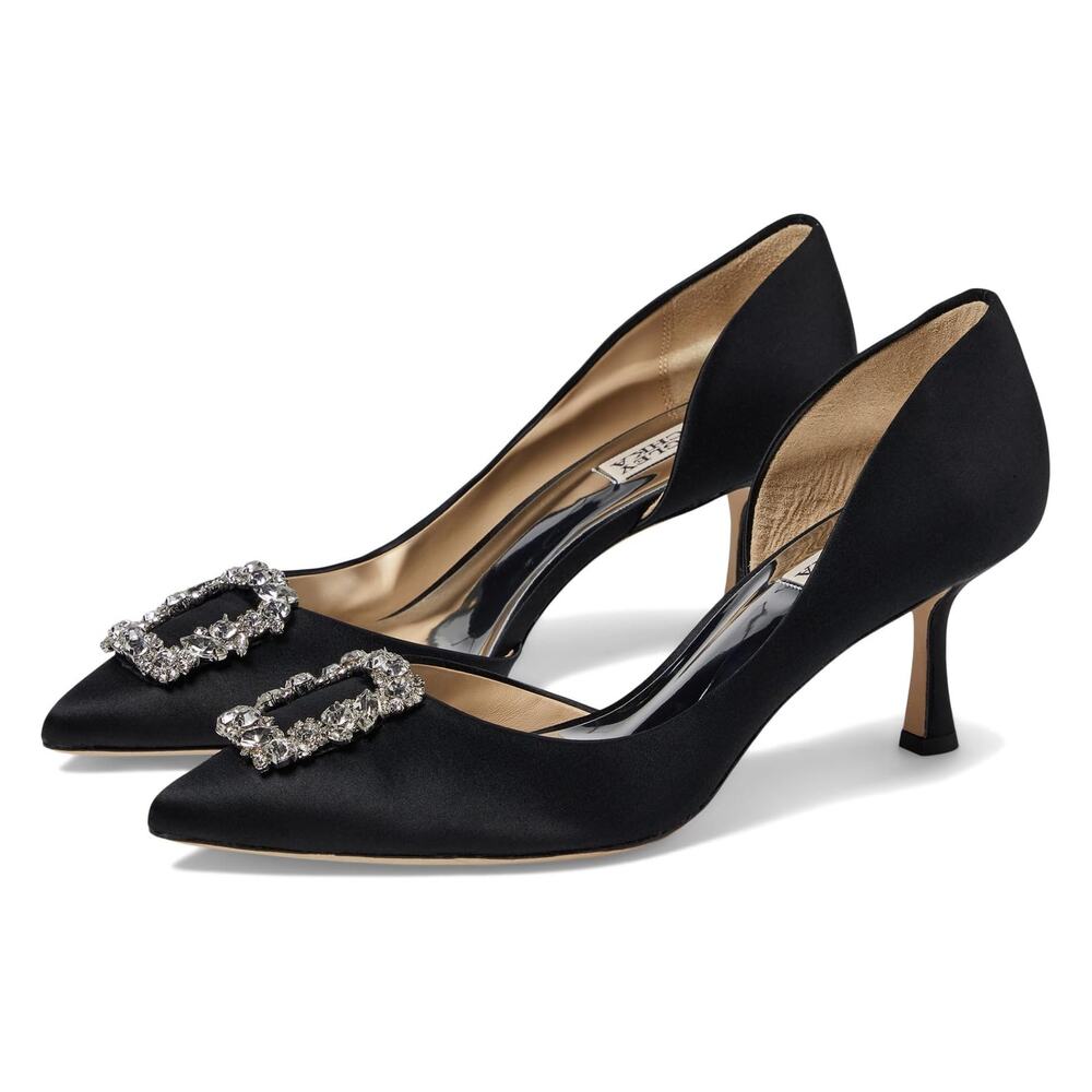 Badgley Mischka Black Satin Pointed-Toe Crystal Buckle Heels